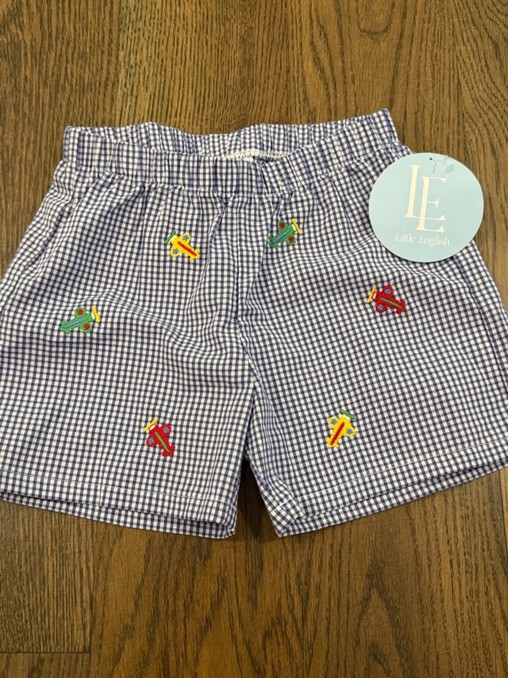 NWT Little English Boys' Navy Gingham Airplane Embroidered Shorts 4